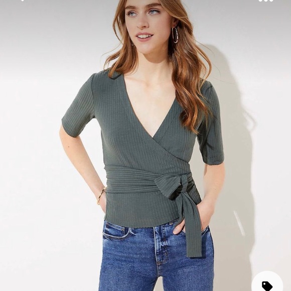 Loft Ribbed Wrap Top in Green - Picture 1 of 7